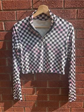 New Girl Order Checkered Half Zip Crop Top Pink Black Women’s Medium